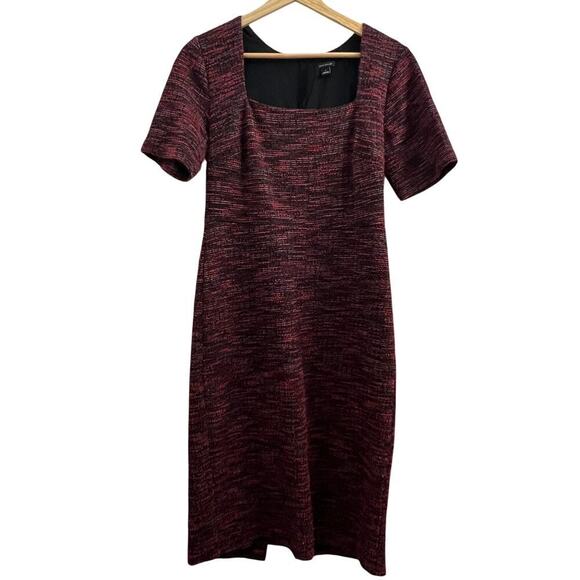 Ann Taylor Tweed Knit Square Neck Red Multi Color Sheath Short Sleeve Dress Sz 4 - Picture 2 of 7
